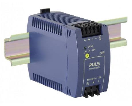 Puls ML50.101 PULS ML50.101 is a power supply unit (PSU) / converter designed for AC/DC applications with DIN rail mounting. It operates within an ambient air temperature range of -10 to +70°C and is optimized for parallel use with a DC-OK relay contact output. This unit has a rated current of 2.1A at 24Vdc and utilizes spring-clamp connections for connectivity. It supports a wide supply voltage range from 85Vac to 264Vac (with specific nominal values across 100Vac to 240Vac; 47-63Hz), including a 65Vac turn-ON voltage and a 55Vac shutdown voltage, as well as a DC supply voltage range from 88Vdc to 375Vdc. The ML50.101 features a PC / ABS blend housing, is compatible with single-phase (1AC) or DC networks, and has dimensions of W45mm x H75mm x D91mm. It offers a rated power of 50W and an adjustable output voltage range from 24Vdc to 28Vdc. Protection functions include an NTC for input inrush current limiting. The efficiency is rated at 0.885 with a 230Vac input, and it has a maximum current consumption of 17A inrush at 120Vac input and 35A peak max. inrush at 230Vac input. The unit exhibits a 32ms start-up delay, a rise time of 33-48ms under nominal input with a constant full current load and 0mF load capacitance, and a 45-60ms rise time with 2mF load capacitance. Power dissipation/losses are calculated at 6.8W, with a ripple of 50mVpp across 20Hz to 20MHz at 50Ω, and an output stage capacitance of 1600μF. ML50.101 on Powermatic Associates