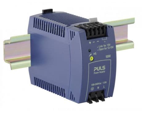 Puls ML50.102 PULS ML50.102 is a power supply unit (PSU) / converter designed for AC/DC applications with DIN rail mounting. It operates within an ambient air temperature range of -10 to +70°C and adheres to NEC Class 2 design specifications. This unit provides a rated current of 4.2A at 12Vdc and features spring-clamp connections for secure installation. It supports a wide supply voltage range from 85Vac to 264Vac (with specific nominal values across 100Vac to 240Vac at 47-63Hz, including a 65Vac turn-ON voltage and a 55Vac shutdown voltage) and from 88Vdc to 375Vdc (with nominal values from 100Vdc to 250Vdc). The ML50.102 is housed in a PC / ABS blend, measures 45mm in width, 75mm in height, and 91mm in depth, and is suitable for single-phase (1AC) or DC networks. It offers a rated power of 50W and an adjustable output voltage range from 12Vdc to 15Vdc, with a 400mV turn-ON overshoot. Protection is provided by an NTC (input inrush current limiter), and the unit boasts an efficiency of 0.9 at 230Vac input. Maximum current consumption is 17A at 120Vac input and 35A peak at 230Vac input, with a 32ms start-up delay and 48ms rise time under nominal conditions. Power dissipation/losses are rated at 6W, and the output stage features a ripple of 100mVpp across 20Hz to 20MHz at 50Ω, with a capacitance of 1600μF. ML50.102 on Powermatic Associates