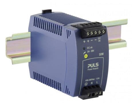 Puls ML50.111 PULS ML50.111 is a power supply unit (PSU) / converter designed for AC/DC applications with DIN rail mounting. It operates within an ambient air temperature range of -10 to +70°C and features a plug connector NEC Class 2 optimized for parallel use, including a DC-OK relay contact output. The unit has a rated current of 2.1A at 24Vdc and utilizes screw-clamp connections for secure installation. It supports a wide supply voltage range from 85Vac to 264Vac (with specific nominal values across 100Vac to 240Vac; 47-63Hz), including a 65Vac turn-ON voltage and a 55Vac shutdown voltage, as well as a DC supply voltage range from 88Vdc to 375Vdc. The ML50.111 is housed in a PC / ABS blend, measuring 45mm in width, 75mm in height, and 91mm in depth. It is compatible with single-phase (1AC) or DC networks, has a rated power of 50W, and provides an adjustable output voltage from 24Vdc to 28Vdc with a 400mV turn-ON overshoot. Protection is ensured by an NTC (input inrush current limiter), and the unit boasts an efficiency of 0.885 at 230Vac input. Maximum current consumption is 17A at 120Vac input and 35A peak at 230Vac input, with power dissipation/losses at 6.8W and a ripple of 50mVpp across 20Hz to 20MHz at 50Ω. The output stage capacitance is 1600µF. ML50.111 on Powermatic Associates