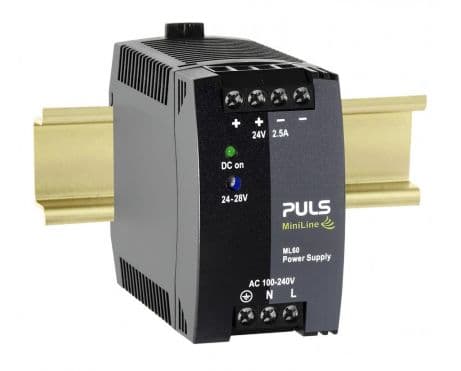 Puls ML60.241 PULS ML60.241 is a power supply unit designed for AC/DC conversion with DIN rail mounting. It operates within an ambient air temperature range of -10 to +70°C and is designed according to NEC Class 2 standards. This unit provides a rated current of 2.5A at 24Vdc and features screw-clamp connections for secure installation. It supports a wide supply voltage range from 85Vac to 264Vac (with specific nominal values across 100Vac to 240Vac at 47-63Hz, including a 75Vac turn-ON voltage and a 65Vac shutdown voltage) and 88Vdc to 375Vdc for DC supply, accommodating single-phase (1AC) or DC networks. The ML60.241 measures 45mm in width, 75mm in height, and 91mm in depth, housed in a PC/ABS blend for durability. It delivers a rated power of 60W with an adjustable output voltage range of 24Vdc to 28Vdc, featuring a 200mV turn-ON overshoot. Protection is provided by an NTC for input inrush current limiting. Efficiency rates vary by input voltage, achieving 0.897 at 230Vac, 0.878 at 120Vac, and 0.865 at 100Vac. It has a maximum inrush current consumption of 16A at 120Vac input and 32A peak at 230Vac input. The unit exhibits a 170ms start-up delay, with rise times of 50-60ms under nominal input and constant full current load without load capacitance, and 110-140ms with 2.5mF load capacitance. Power dissipation is noted at 6.9W, and it has an electrical durability of at least 128,000 hours at +40°C. Ripple is maintained at 50mVpp across 20Hz to 20MHz at 50Ω, with an output stage capacitance of 1600µF. ML60.241 on Powermatic Associates