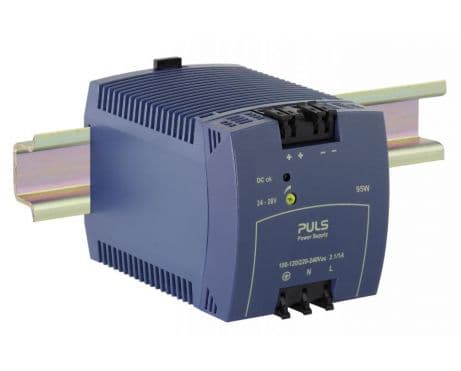 Puls ML95.100 PULS ML95.100 is a power supply unit (PSU) / converter designed for AC/DC applications with DIN rail mounting. It operates within an ambient air temperature range of -10 to +70°C and is designed according to NEC Class 2 standards. This unit offers a rated current of 3.9A at 24Vdc and features spring-clamp connections for ease of installation. It supports a wide supply voltage range, accepting AC inputs from 85Vac to 132Vac or 184Vac to 264Vac (auto-select based on 100Vac, 110Vac, 120Vac, 200Vac, 208Vac, 220Vac, 230Vac, 240Vac nominal; 47-63Hz) and DC inputs from 213Vdc to 377Vdc (220Vdc, 250Vdc nominal). The ML95.100 is housed in a PC / ABS blend, measuring 73mm in width, 75mm in height, and 103mm in depth. It is suitable for single-phase (1AC) or DC networks, with a rated power of 95W and an adjustable output voltage range of 24Vdc to 28Vdc. It includes protection functions such as NTC for input inrush current limiting, achieves an efficiency of 0.9 with a 230Vac input, and has a maximum inrush current consumption of 22A at 120Vac input and 37A peak at 230Vac input. Power dissipation/losses are rated at 10.5W, and it features a ripple of 50mVpp across a frequency range of 20Hz to 20MHz at 50Ω. ML95.100 on Powermatic Associates