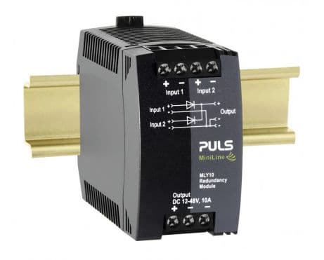 Puls MLY10.241 PULS MLY10.241 is a redundancy unit featuring dual-input redundancy module technology with 2 inputs and 1 output, designed for DIN rail mounting. It operates within an ambient air temperature range of -40 to +70°C using diode technology. The unit has a rated current of 10A at 48Vdc, with a derating to 0.25A between +60°C and +70°C. It offers screw-clamp connections for secure installation and measures W45mm x H75mm x D91mm. The supply voltage range is 9Vdc to 60Vdc, accommodating 12Vdc, 24Vdc, and 48Vdc systems, with an output voltage range of 12-48Vdc. It includes short-circuit protection with a 16A threshold at 6V, power dissipation/losses at nominal load are 4W, and it boasts an electrical durability of 218,000 hours at +40°C. Ripple is specified at 800mVpp across a frequency range of 20Hz to 20MHz at 50Ω. MLY10.241 on Powermatic Associates