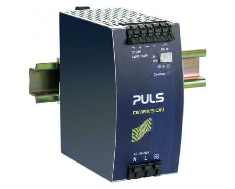 Puls QS10.241 PULS QS10.241 is a power supply unit designed for DIN rail mounting, featuring AC/DC conversion with a 50% power reserve. It operates within an ambient air temperature range of -25 to +70°C and offers a design that includes a DC-OK relay contact output. The unit provides a rated current of 10A at 24Vdc and 9A at 28Vdc, with spring-clamp connections for secure installation. It supports a wide supply voltage range from 85Vac to 264Vac across various nominal values and from 88Vdc to 188Vdc, accommodating both single-phase AC or DC networks. The QS10.241 measures 60mm in width, 124mm in height, and 117mm in depth, housed in an aluminium casing for durability. It delivers a rated power of 240W at 24V and 252W at 28V, with a short-term capacity of 360W for up to 4 seconds. The output voltage is adjustable between 24Vdc and 28Vdc, featuring comprehensive protection functions including overvoltage and overload/short-circuit protection. This unit is capable of series or parallel operation for increased output power, with an efficiency up to 93.5% depending on the input voltage. It has a peak current consumption of 10A, with specific start-up and rise times, and maintains power with a hold time of 28ms at 230Vac input. The QS10.241 is designed for electrical durability, offering up to 200,000 hours of operation at 25°C with a 10A output and 1AC 230Vac input, and features a ripple of 50mVpp at 20Hz to 20MHz with an output stage capacitance of 7000µF. QS10.241 on Powermatic Associates