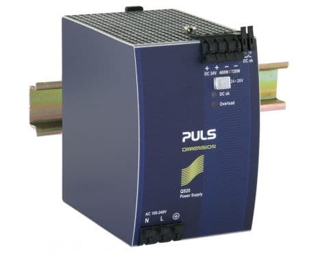 Puls QS20.241 PULS QS20.241 is a power supply unit designed for DIN rail mounting, featuring AC/DC conversion with a 50% power reserve. It operates within an ambient air temperature range of -25 to +70°C and offers a design that includes a DC-OK relay contact output. The unit provides a rated current of 20A at 24Vdc and 17A at 28Vdc, utilizing spring-clamp connections for connectivity. It supports a supply voltage range of 85Vac-264Vac for AC and 88Vdc-188Vdc for DC, with specific nominal values listed for both. The QS20.241, part of the Q-series, measures 82mm in width, 124mm in height, and 127mm in depth, and is housed in an aluminium casing. It is compatible with single-phase (1AC) or DC networks, offers a rated power of 480W with a short-term capacity of 720W for up to 4 seconds, and provides an adjustable DC output voltage of 24Vdc-28Vdc. Protection features include output overvoltage protection and active input inrush current limiting, with overload and short-circuit protection. The unit allows for series or parallel operation for increased output power and is designed to handle back-feeding loads without malfunctioning. Efficiency rates vary with input voltage, and the unit exhibits specific current consumption, time delay, hold time, power dissipation/losses, electrical durability, ripple, and capacitance characteristics as detailed in the specifications. QS20.241 on Powermatic Associates