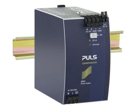 Puls QS20.244 PULS QS20.244 is a power supply unit designed for DIN rail mounting, featuring AC/DC conversion with a 50% power reserve. It operates within an ambient air temperature range of -25 to +70°C and offers a design that includes a DC-OK relay contact output. The unit provides a rated current of 20A at 24Vdc and 17A at 28Vdc, with spring-clamp connections for secure and efficient connectivity. It supports a supply voltage range of 180Vac to 264Vac, with specific nominal values including 200Vac, 208Vac, 220Vac, 230Vac, and 240Vac at a frequency of 47-63Hz. The QS20.244, part of the Q-series, measures 70mm in width, 124mm in height, and 127mm in depth, housed in an aluminium casing. It is designed for single-phase networks and offers a rated power of 480W, with a short-term capacity of 720W for up to 4 seconds. The output voltage is adjustable between 24Vdc and 28Vdc, featuring protection functions against overvoltage, overload, and short-circuit conditions. It allows for series or parallel operation to increase output power, with a notable efficiency of 0.945 at 230Vac input. The unit's current consumption peaks at 52A max during inrush at 230Vac, with a start-up delay of 140ms, and offers a hold time of 46ms at 230Vac input. Power dissipation is calculated at 28.3W under full output load at 230Vac input. Its electrical durability spans up to 307,000 hours at 40°C with a 10A output. The QS20.244 also features a ripple of 100mVpp across a 20Hz to 20MHz range and an output stage capacitance of 8500µF. QS20.244 on Powermatic Associates