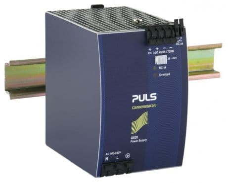 Puls QS20.361 PULS QS20.361 is a power supply unit designed for AC/DC conversion with a 50% power reserve, suitable for DIN rail mounting. It operates within an ambient air temperature range of -25 to +70°C and features a DC-OK relay contact output for monitoring purposes. The unit provides a rated current of 13.3A at 36Vdc and 11.4A at 42Vdc, with spring-clamp connections facilitating secure and reliable connectivity. It supports a wide supply voltage range from 85Vac to 264Vac across various nominal values and from 88Vdc to 188Vdc, ensuring flexibility across different power networks. The QS20.361, part of the Q-series, measures 82mm in width, 124mm in height, and 127mm in depth, housed in a durable aluminium casing. It delivers a rated power of 480W, with a short-term capacity of 720W for up to 4 seconds, and an adjustable output voltage between 36Vdc and 42Vdc. Protection features include output overvoltage protection and active input inrush current limiting, alongside capabilities for overload and short-circuit management. The unit is designed for both single-phase AC or DC networks and offers high efficiency rates up to 0.94 depending on the input voltage. It also allows for series or parallel operation to increase output power, with specific attention to maintaining uniform output voltage across paralleled units. The QS20.361 exhibits a low power dissipation, high electrical durability across various conditions, and minimal ripple, alongside a significant output capacitance of 8500µF, ensuring stable and consistent power supply performance. QS20.361 on Powermatic Associates