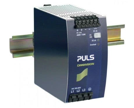 Puls QT20.241 PULS QT20.241 is a power supply unit designed for DIN rail mounting, featuring AC/DC conversion with a 50% power reserve. It operates within an ambient air temperature range of -25 to +70°C and offers a design that includes a DC-OK relay contact output. The rated current is 20A at 24Vdc and 17.5A at 28Vdc, with a power derating from 12W at +60°C to +70°C. Connection is facilitated through spring-clamp connections. The supply voltage accommodates a wide range with 3-phase input from 323Vac to 576Vac, including nominal voltages of 380Vac, 400Vac, 415Vac, 440Vac, 480Vac, 500Vac, and 525Vac at 47-63Hz, with a turn-ON voltage of 3 x 263Vac and a shutdown voltage of 3 x 242Vac. Its dimensions are W65mm x H124mm x D127mm, housed in aluminium for durability. The QT20.241 supports a 3-phase network, has a net width of 65mm, and provides a rated power of 480W, with a short-term capacity of 720W for up to 4 seconds. The output voltage is adjustable between 24Vdc and 28Vdc, with a maximum output overvoltage protection set between 32Vdc (typical) and 35Vdc (maximum). It includes protection against overvoltage, overload, and short-circuit conditions, and allows for series or parallel operation to increase output power. The unit is designed to handle back-feeding loads up to 34V without malfunctioning. Efficiency rates are 0.948 with a 3x480Vac input and 0.95 with a 3x400Vac input. Peak inrush current consumption is capped at 10A, with a start-up delay between 290-350ms and a hold time of 22ms. Power dissipation losses are 26.4W and 25.3W for 3x480Vac and 3x400Vac inputs, respectively, under full load conditions. Electrical durability spans up to 345000 hours at 25°C with a 10A output and 3AC 400Vac input, with varying durability under different conditions. The ripple is maintained at 100mVpp across a 20Hz to 20MHz range, and the output stage capacitance is 950µF. QT20.241 on Powermatic Associates