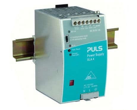 Puls SLA4.100 PULS SLA4.100 is a power supply unit designed with a PFC compliant to EN 61000-3-2 standards, featuring a DC-OK relay contact output. It serves as an AS-Interface power supply unit (PSU) encased in a robust metal housing. This unit offers screw-clamp connections for secure installation and measures W73mm x H124mm x D102mm. It supports a wide range of supply voltages, including AC inputs from 85Vac-132Vac / 187Vac-264Vac across various nominal values and a DC input range of 240Vdc-300Vdc, with a rated current of 4A at 30.5Vdc. Designed for DIN rail mounting, it operates efficiently within an ambient air temperature range of -10...+70 °C. The SLA4.100 experiences a peak inrush current consumption of 49.7A at 230Vac input and 44.7A at 120Vac input, suitable for single-phase (1AC) or DC networks. It incorporates multiple protection functions, including output overvoltage protection up to 55Vdc max., NTC for input inrush current limiting, and overload/short-circuit protection with a current range of min. 4.2A to max. 6.5A, though it does not support series or parallel operation or ground-fault monitoring. The output voltage is fixed at 30.5Vdc, with an efficiency of 0.9 at 230Vac input, a hold time of 30ms at 100Vac input, power dissipation/losses at 13.5 W under full output load at 230Vac input, and a ripple of 50mVpp across 20Hz to 20MHz at 50Ω. SLA4.100 on Powermatic Associates