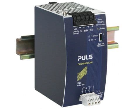 Puls UF20.241 PULS UF20.241 is an Uninterruptible Power Supply (UPS) control module, part of the UF-series, designed as a buffer module with capacitor storage featuring a green status LED. This product is housed in aluminum and utilizes spring-clamp connections for secure installation. It measures W64mm x H124mm x D102mm and is designed for DIN rail mounting. The UF20.241 operates with a supply voltage range of 19.2Vdc to 30Vdc, with a nominal voltage of 24Vdc, and supports a rated current of 20A before fusing. It is engineered to function within an ambient air temperature range of -25 to +70°C and is suitable for DC networks. The module includes a visual position indicator for Ready, Buffering, and Inhibit statuses. It offers protection functions including output overvoltage protection, with typical protection at 32Vdc and a maximum of 35Vdc. The UF20.241 allows for parallel connection of buffer modules to enhance output ampacity or hold-up time. It delivers a fixed output voltage of 24Vdc, boasts an efficiency of 0.99 with a 24Vdc input, and provides a hold time of 31ms / 0.31s at a 20A load. Power dissipation is calculated at 1.9 W for a 24Vdc input at 20A output current, with a ripple of 200mVpp across a frequency range of 20Hz to 20MHz at 50Ω. Its electrical durability is rated at 166,000 hours in standby mode at 40°C and 469,000 hours at 25°C. UF20.241 on Powermatic Associates