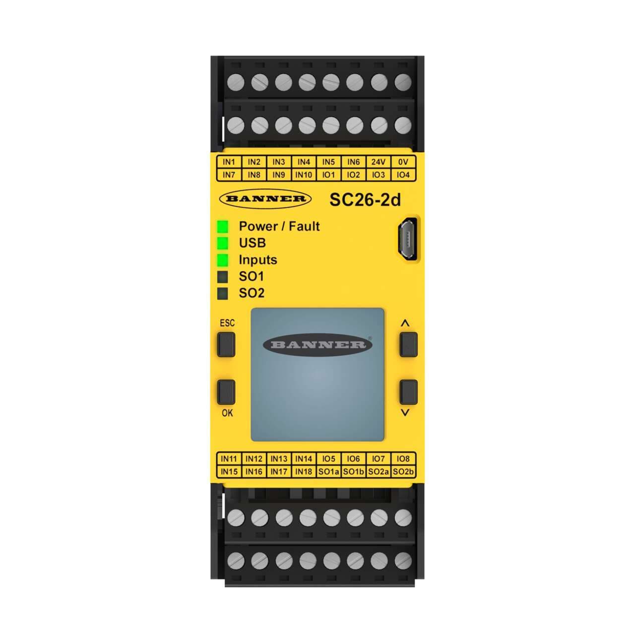Banner XS26-2DE XS26-2DE Safety Controller: Expandable; 26 Input; 2 pairs of PNP Safety Outputs (0.5 A each); Display; Ethernet; USB; 8 Convertible Inputs; Removable Screw Terminals; 24 V dc; 160 mA XS26-2DE on Powermatic Associates