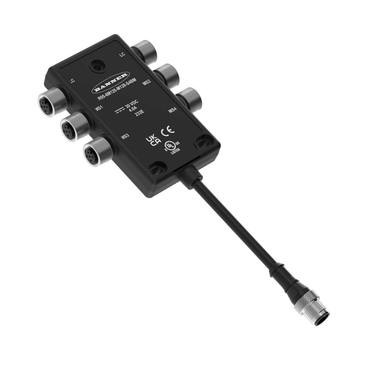 Banner R95-6M125-M128-S4BM Banner R95-6M125-M128-S4BM - R95 Molded Junction Box with 8-pin M12 Male Connector; 6 Female 5-pin M12 Ports; Male 8-pin M12 Pigtail Homerun; Muting Sensor Option for S4B R95-6M125-M128-S4BM on Powermatic Associates