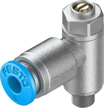 Festo 193138 one-way flow control valve GRLA-M5-QS-4-D Valve function: One-way flow control function for exhaust air, Pneumatic connection, port 1: QS-4, Pneumatic connection, port 2: M5, Adjusting element: Slotted head screw, Mounting type: Threaded 193138 on Powermatic Associates