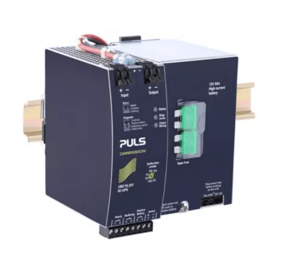 Puls UBC10.241 PULS UBC10.241 is an Uninterruptible Power Supply (UPS) control module within the U-series, featuring a built-in battery with a 50% power reserve and a green status LED. This module is housed in aluminium and utilizes spring-clamp connections for installation. It measures W123mm x H124mm x D119mm and operates on a supply voltage range of 22.5Vdc to 30Vdc, with a nominal 24Vdc. The rated current is 10A at 22.5Vdc and can reach up to 15A in buffer mode for less than 5 seconds at full output voltage. It supports DIN rail mounting and can operate in ambient air temperatures ranging from 0 to +40°C. The current consumption is 1.1A at a 24Vdc input, and it is designed for DC networks. Visual position indicators include Ready, Buffering, Inhibit, and Replace Battery. Protection functions include output overvoltage protection with a typical 32Vdc and a maximum of 35Vdc, and overload/short-circuit protection with a minimum of 17.9A and a maximum of 21A at load impedance. It is advised not to use the DC-UPS in parallel to increase output power, but paralleling two units for 1+1 redundancy is possible for higher system reliability. The output voltage is regulated at 22.5Vdc in buffer mode with a 23Vdc turn-ON. The efficiency is rated at 0.978 with a 24Vdc input, and the rated power is 360W at 24Vdc and 240W/360W in buffer mode. Power dissipation/losses are 2.9W with a 24Vdc input at 0A output current and 5.5W at 10A output current. Ripple is maintained at 20mVpp across a frequency range of 20Hz to 20MHz at 50Ω. The electrical durability is rated at 137400 hours at 40°C with a 10A output and 24Vdc input, equivalent to 15 years or 131400 hours at both 40°C with a 5A output and 25°C with a 10A output. UBC10.241 on Powermatic Associates