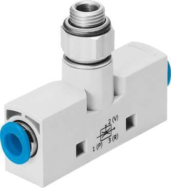 Festo 193600 vacuum generator VN-07-L-T3-PQ2-VA4-RQ2 Standard, high suction rate, width 14 mm, T shape with push-in connector Vacuum connection with male thread. Nominal size, Laval nozzle: 0,7 mm, Grid dimension: 14 mm, Assembly position: Any, Ejector characteristic: 193600 on Powermatic Associates