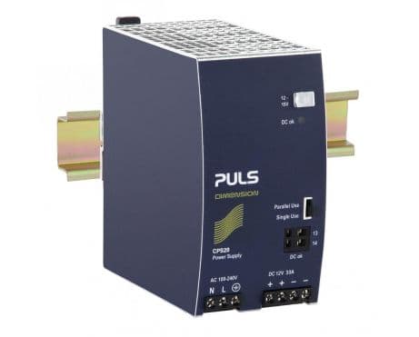 Puls CPS20.121 PULS CPS20.121 is a DIN rail mounting power supply unit with an aluminium housing designed for a wide range of industrial applications. It operates within an ambient air temperature range of -25 to +70°C and supports a net width of 65 mm. The unit consumes 1.8A, 3.3A, and 4A under 230Vac, 120Vac, and 100Vac input conditions respectively, with a peak inrush current of 13A at both 230Vac and 120Vac inputs. It boasts an efficiency of up to 0.926, 0.914, and 0.909 under 230Vac, 120Vac, and 100Vac inputs respectively. The dimensions are W65mm x H124mm x D127mm. It features a start-up delay of 700-900ms and rise times of 72ms and 120ms under nominal input conditions. The CPS20.121 includes protection functions such as output overvoltage protection and overload/short-circuit protection, with the capability for series or parallel operation to increase output power. It is designed to handle back-feeding loads up to 16V without malfunctioning. Power dissipation/losses are calculated at 28.8 W, with an output stage capacitance of 5600 µF. Its electrical durability ranges from 50,000 to 492,000 hours, depending on operating conditions. The ripple is maintained at 100mVpp. This AC/DC power supply unit offers a 20% power reserve, is part of the C-series, and includes ATEX approval, DC-OK relay contact output, and screw-clamp connections. It accepts a supply voltage range of 85Vac-264Vac, with specific shutdown voltages under varying loads. The rated current is 30A at 12Vdc, with a rated power of 405W at 15Vdc and 360W at 12Vdc. The output voltage is adjustable between 12Vdc and 15Vdc, featuring a 200mV turn-ON overshoot and a hold time of 35ms. CPS20.121 on Powermatic Associates