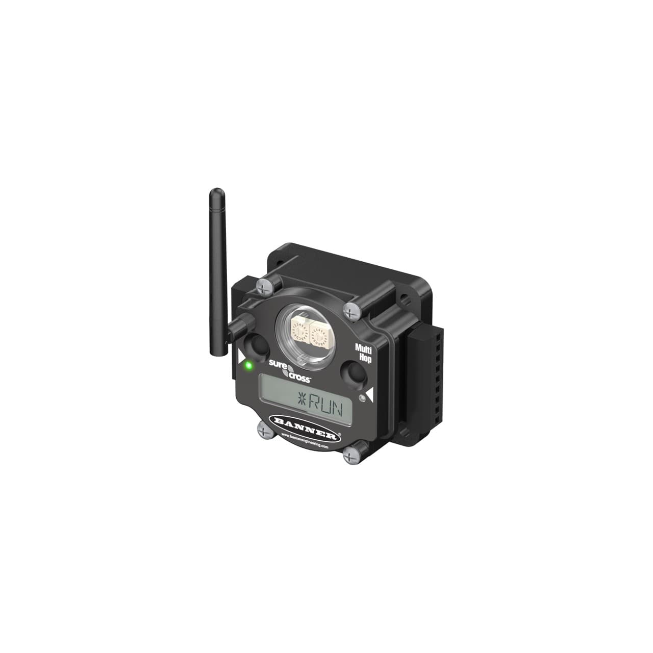 Banner DX80DR9M-H12C Banner Engineering DX80DR9M-H12C is a Gateway designed for surface mounting with a polycarbonate housing, polycarbonate rotary dial cover, polyester labels, EDPM rubber cover gasket, and nitrile rubber. It operates within an ambient air temperature range of -40 to +85°C and offers a degree of protection rated at IP20 NEMA 1. The dimensions of this rectangular-shaped gateway are H44.5mm x W103.3mm x D80.1mm. It features 2 digital outputs (30Vdc; NMOS; 1A), 2 analog inputs (0-20mA), and 1 analog input (Thermistor 10kΩ). The DX80DR9M-H12C operates on a 900 MHz transmission frequency with 2 digital inputs (30Vdc 3mA; NPN). It is part of the MultiHop Modbus IO data radios sub-range and incorporates MultiHop flexpower data radio functionality. The design includes SDI-12 data collection, 2 buttons, 2 bi-color LEDs for Ex e II applications, and utilizes FHSS (Frequency Hopping Spread Spectrum) technology. Connection is facilitated through detachable screw-clamp connectors and an RP-SMA connector. The supply voltage requirement is 10-30Vdc (12Vdc-24Vdc nom.), and it supports RS-485 Modbus TCP communication protocol. The frequency is set at 900MHz ISM band 1W, capable of a maximum transmission distance of 9.6km at nominal emission power. DX80DR9M-H12C on Powermatic Associates