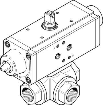 Festo 1915547 ball valve actuator unit VZBA-1"-GGG-63-32L-F0405-V4V4T-PS30-R-90 3/2-way, flange hole pattern F0405, thread EN 10226-1. Design structure: (* 3-way ball valve, * L hole), Type of actuation: pneumatic, Assembly position: Any, Mounting type: Line installati 1915547 on Powermatic Associates