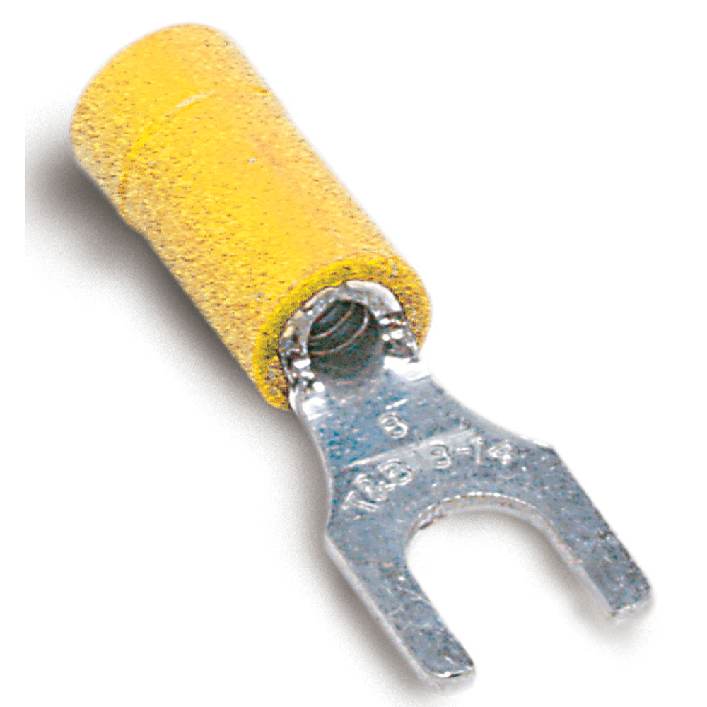 ABB Control 10RC-14F 10RC-14F ABB Control - Vinyl-Insulated Fork Terminal, Length 1.15 Inches, Width .50 Inches, Maximum Insulation .210, Bolt Hole 1/4 Inch, Wire Range #12-#10 AWG, Color Yellow, Copper, Tin Plated 10RC-14F on Powermatic Associates