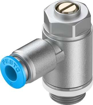 Festo 193146 one-way flow control valve GRLA-1/4-QS-6-D Valve function: One-way flow control function for exhaust air, Pneumatic connection, port 1: QS-6, Pneumatic connection, port 2: G1/4, Adjusting element: Slotted head screw, Mounting type: Threaded 193146 on Powermatic Associates