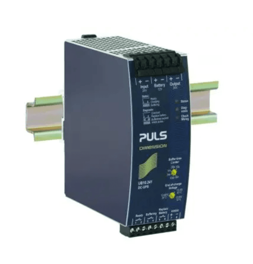 Puls UB10.245 PULS UB10.245 is an Uninterruptible Power Supply (UPS) control module from the UB-series, featuring an external battery with a 50% power reserve and a green status LED. This module is housed in aluminium and utilizes spring-clamp connections for its connections. It measures W49mm x H124mm x D117mm and operates on a supply voltage range of 22.5Vdc-30Vdc (24Vdc nominal). The rated current is 10A at 22.5Vdc with Output 1 providing 15A in normal mode and 10A/15A (360W) in buffer mode. Output 2 delivers 12V; 5A in both normal and buffer modes. Designed for DIN rail mounting, it can operate in ambient air temperatures ranging from -25 to +70°C. The current consumption is 1.1A at a 24Vdc input, and it is designed for DC networks. Visual position indicators include Ready, Buffering, Inhibit, and Replace Battery. It features protection functions against output overvoltage (32Vdc typical / 35Vdc max.) and overload/short-circuit current (min. 17.9A, max. 21A at load impedance). The output voltage is 22.5Vdc and 12Vdc (regulated) in buffer mode with a 23Vdc turn-ON. The efficiency is rated at 0.975 with a 24Vdc input, and the rated power is 360W (at 24Vdc) and 240W/360W in buffer mode. Power dissipation/losses are 3.4 W at no load and 6 W with a 10A output current at 24Vdc input. Ripple is 20mVpp (20Hz...20MHz; 50Ω), and electrical durability is rated at 114000 hours at 40°C with a 10A output and 24Vdc input, 148000 hours at 40°C with a 5A output and 24Vdc input, and 380000 hours at 25°C with a 10A output and 24Vdc input. UB10.245 on Powermatic Associates