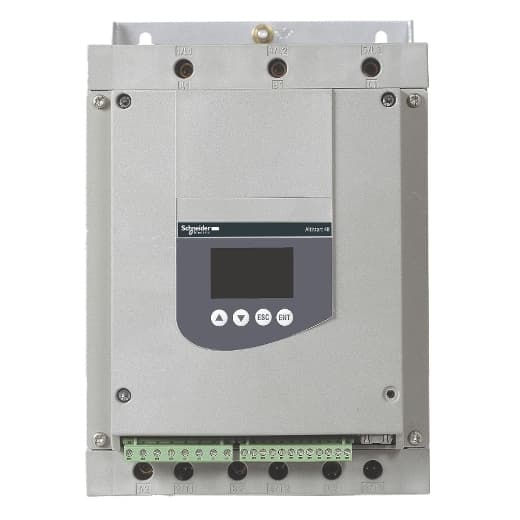 Schneider Electric ATS48D88Y Schneider Electric ATS48D88Y is a soft starter from the Altistart 48 series, designed with a 3-controlled phases Torque Control System (TCS) and an optional FIPIO protocol for asynchronous motor bypass. It operates on a supply voltage of 177-759Vac (208Vac / 240Vac / 480Vac / 690Vac nom.; 50/60Hz) and has dimensions of H290mm x W190mm x D235mm. The connection type is screw connections with a degree of protection rated at IP00. It has a rated current of 88A for standard applications, 75A for severe applications, and a factory setting current of 77A. This soft starter is suitable for wall mounting and supports communication protocols such as Modbus, Modbus TCP, DeviceNet, and PROFIBUS DP, over a 3-phase network. It operates efficiently within an ambient air temperature range of +14...+104°F / -10...+40 °C without derating and can handle up to +104...+140°F / +40...+60 °C with current derating of 2.2% per °C. The ATS48D88Y features 1 analog output (0-20mA / 4-20mA), multiple digital inputs and outputs for comprehensive control, and is designed for ambient air temperatures for storage between -13...158°F / -25...70 °C. Its rated active power varies by application and voltage, supporting a wide range of industrial needs, with power dissipation/losses of 2537 W for standard applications and 2073 W for severe applications. ATS48D88Y on Powermatic Associates