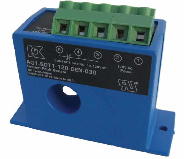 NK Technologies AGL3-NCR1-120-LA-TR3 AC Ground Fault Sensors, Relay Output, Solid-Core, 120 VAC Powered, Jumper Select 5, 10 or 30 mA Setpoint, Latching, Base Terminals, N.C. 1 A @ 120 VAC, 2 A @ 30 VDC AGL3-NCR1-120-LA-TR3 on Powermatic Associates